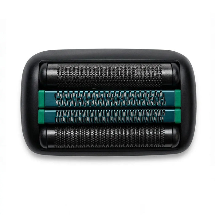 A close-up of an BP SHAVER TOMB45 REP FOIL   BLACK showing three rows of black metallic shaving blades with teal accents on the center bars, set against a plain white background.