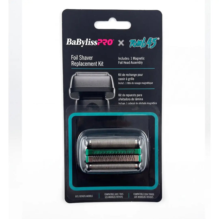 BaBylissPRO x Trek 4.5 Foil Shaver Replacement Kit in its original retail blister packaging, showing the black magnetic foil head assembly inside a clear plastic window.