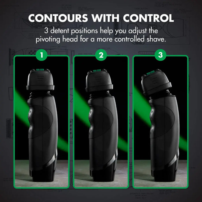 Promotional graphic showing a Babylisspro tomb45 Shaver shaving head in three different pivot positions, labeled 1, 2, and 3, with the headline 'CONTOURS WITH CONTROL' and explanatory text about adjusting the pivoting head.