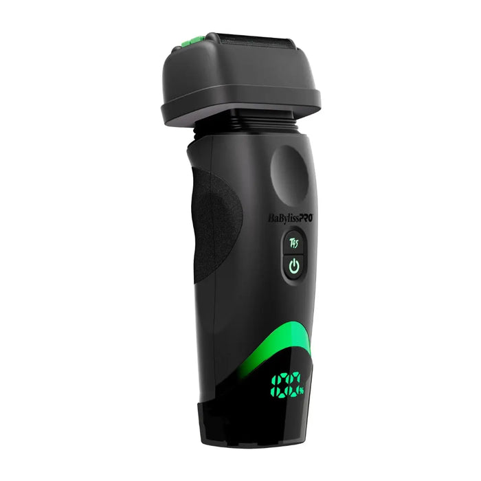 A black Babyliss PRO electric shaver with green illuminated accents and a digital battery percentage display, shown on a solid white background.