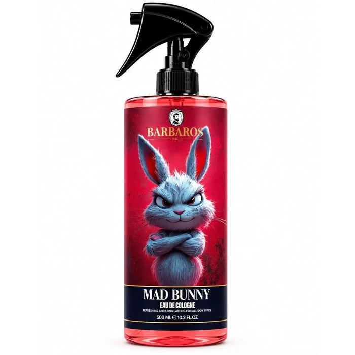 A 500 mL spray bottle of Barbaros Mad Bunny Eau de Cologne, featuring a red label with a blue-gray cartoon bunny illustration and a black trigger spray top, set against a plain white background.