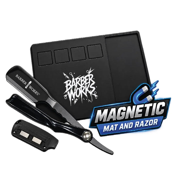 Barber Works magnetic mat and razor set on a white background, featuring a black rectangular magnetic mat with Barber Works logo, a black straight razor, a black magnetic cover, and a blue and white 'MAGNETIC MAT AND RAZOR' badge overlay.