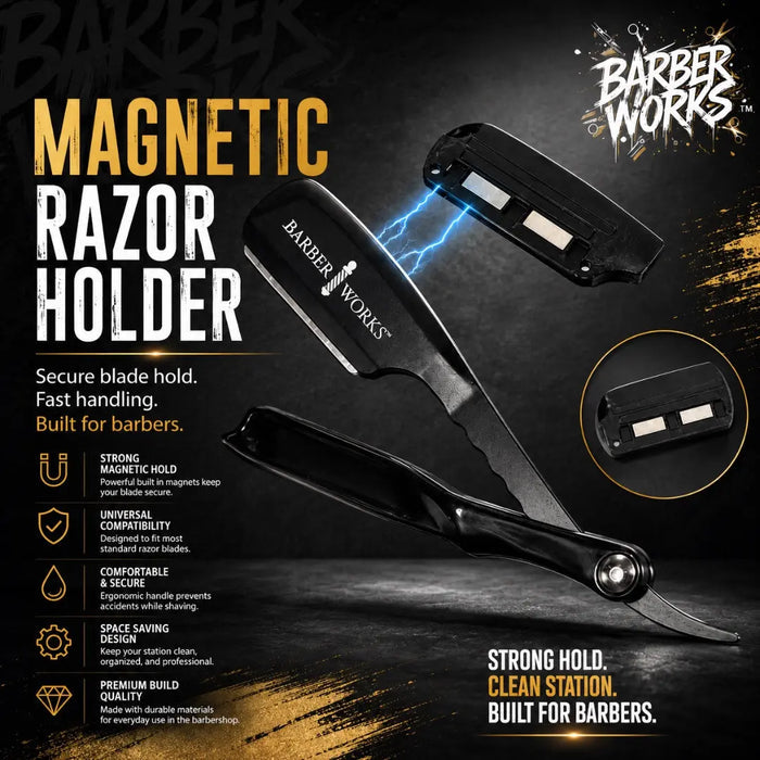 A promotional product graphic for a magnetic razor holder by Barber Works, showing two black magnetic holder pieces with a razor blade attached, set on a dark textured background with electric blue lightning effects. Large text reads 'MAGNETIC RAZOR HOLDER,' with feature callouts and the Barber Works logo in the top right.