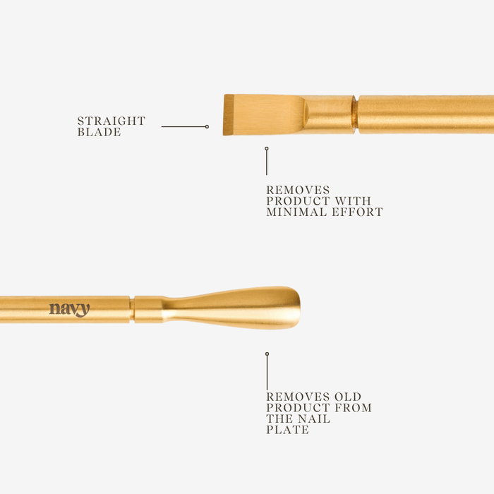 Gold and navy nail care tools with text on a white background