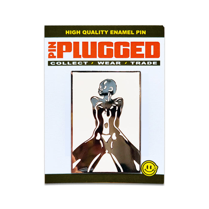 Plugged enamel pin packaging with a stylized figure design on a white background.