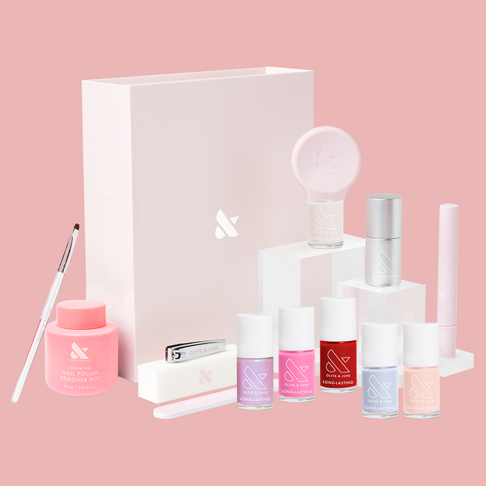 Bestsellers Long-Lasting Mani System with six polish shades and manicure tools for durable at-home gel polish mani.