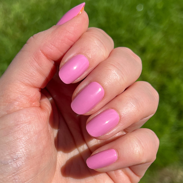 Hand displaying Grateful & Kind | Round | Short pure pink press-on nails in short round shape for easy at-home mani