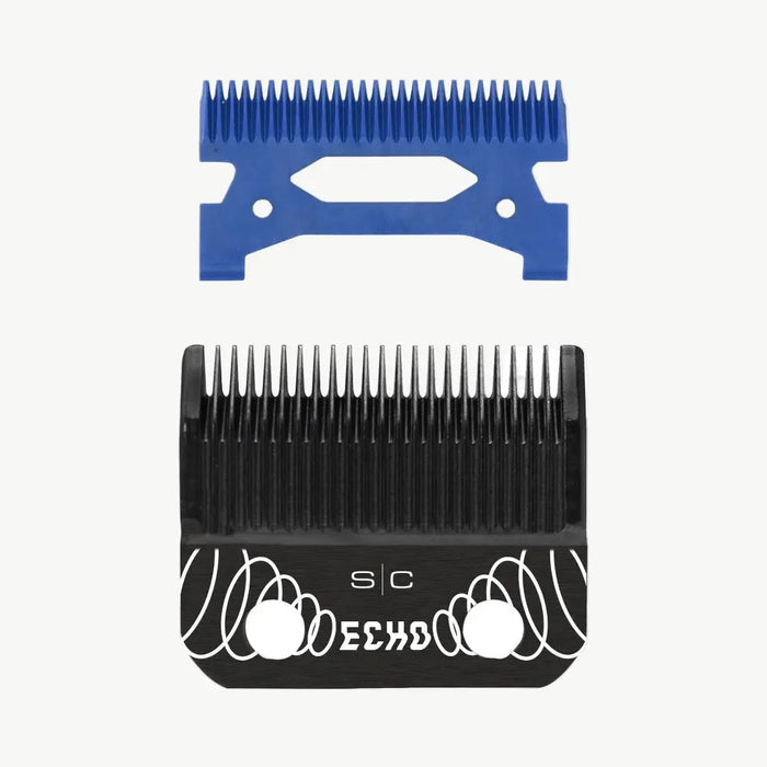Stylecraft Black DLC Echo Clipper Blade & Blue Ceramic Cutter SC554B Two metal clipper guide combs shown on a light gray background: a blue upper comb and a larger black lower comb with white printed graphics and the text 'SC ECHO'.