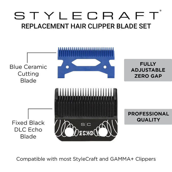 Stylecraft replacement hair clipper blade set showing a blue ceramic cutting blade and a fixed black DLC echo blade, with text labels and feature callouts on a white background.