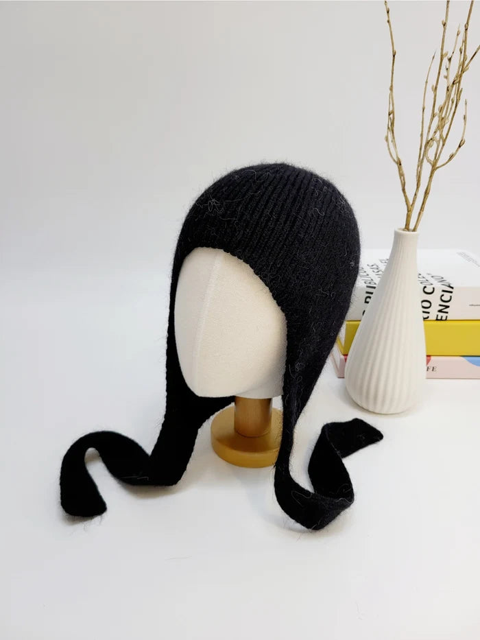 Black Knitted Angora Bonnet