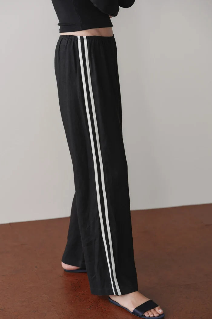 Black Linen Crop Racer Stripe Pant