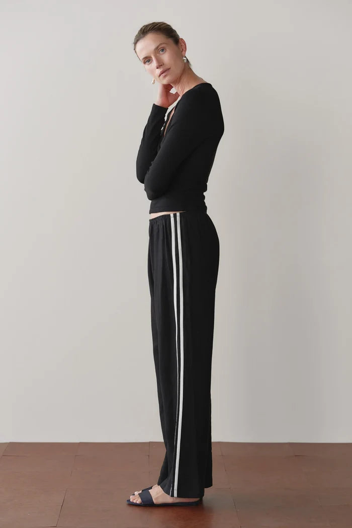 Black Linen Crop Racer Stripe Pant