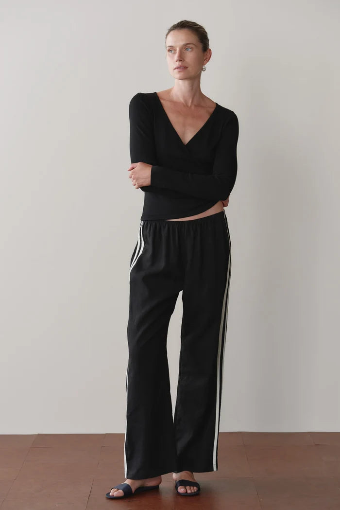 Black Linen Crop Racer Stripe Pant