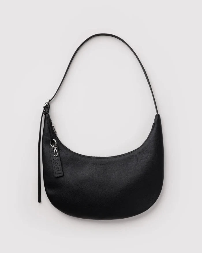 Black Medium Recycled Leather Flat Crescent Bag