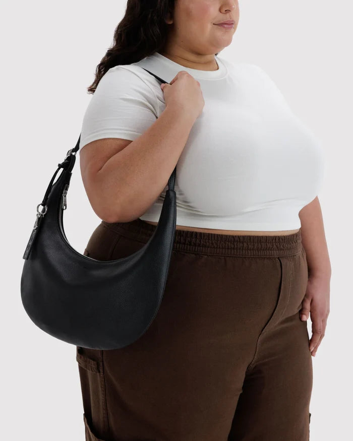 Black Medium Recycled Leather Flat Crescent Bag