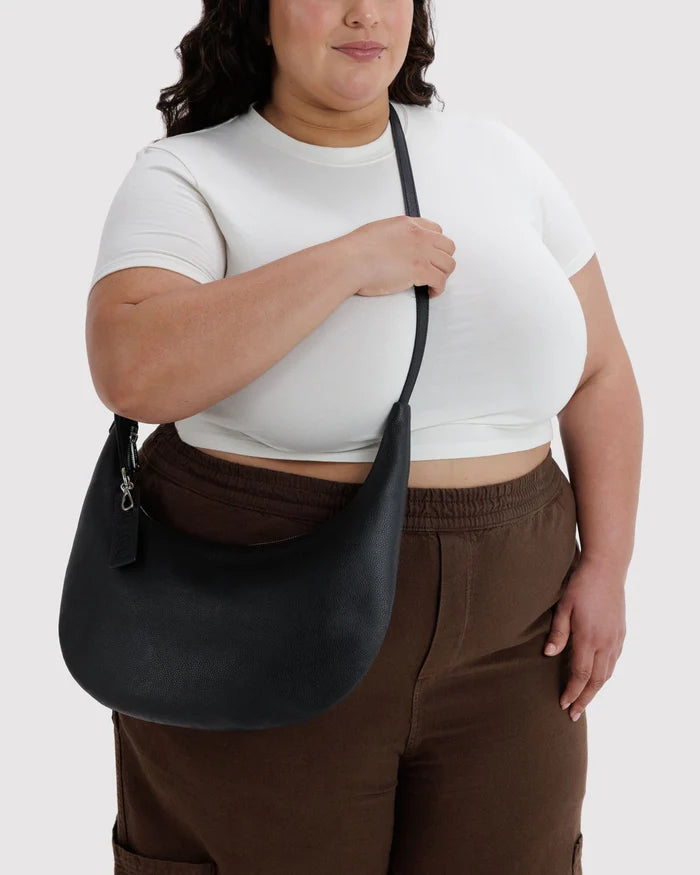 Black Medium Recycled Leather Flat Crescent Bag