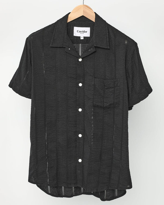 Black Striped Seersucker Short Sleeve Button Up