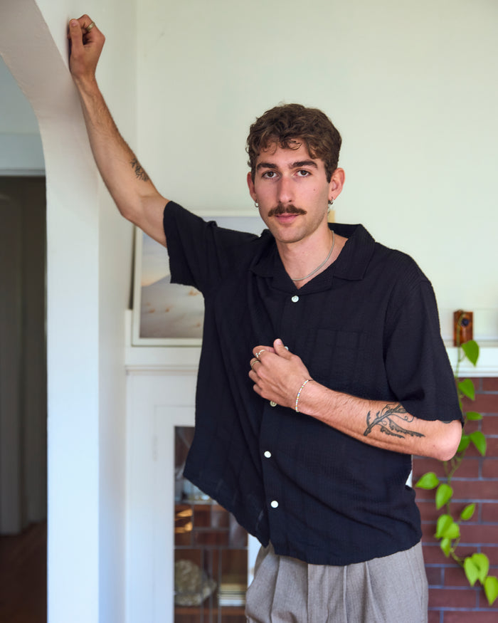 Black Striped Seersucker Short Sleeve Button Up