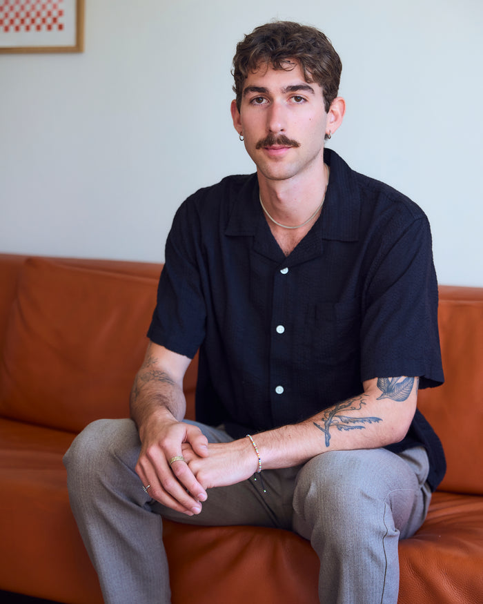 Black Striped Seersucker Short Sleeve Button Up