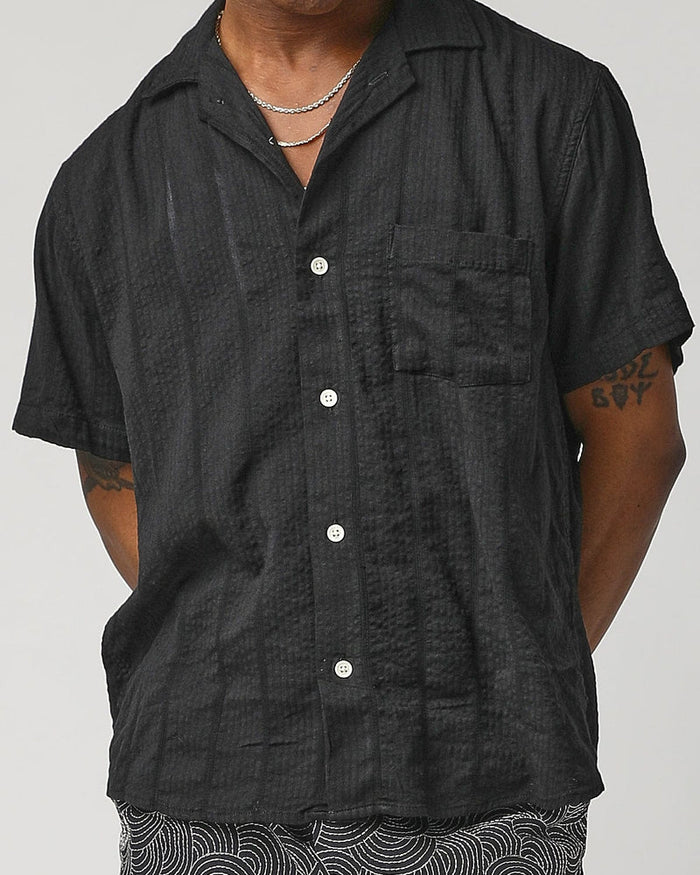 Black Striped Seersucker Short Sleeve Button Up