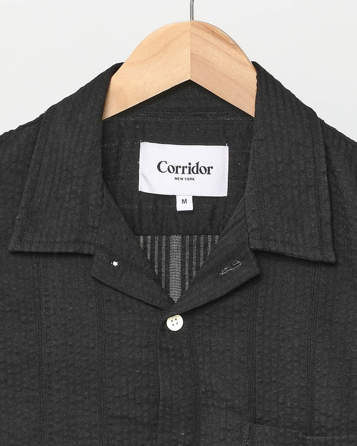 Black Striped Seersucker Short Sleeve Button Up