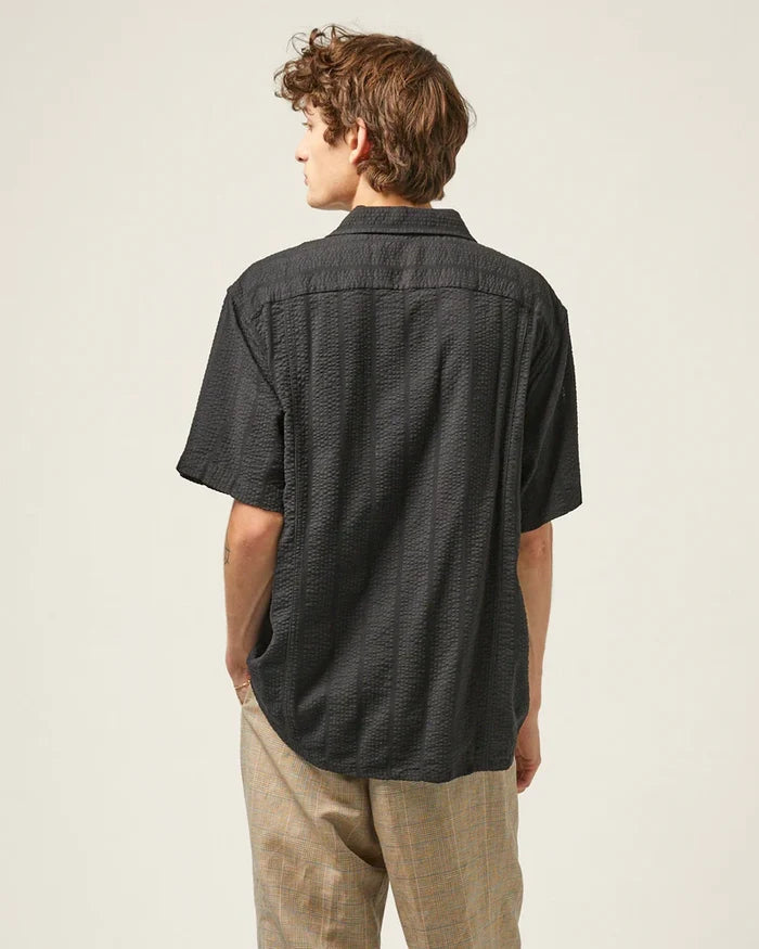 Black Striped Seersucker Short Sleeve Button Up
