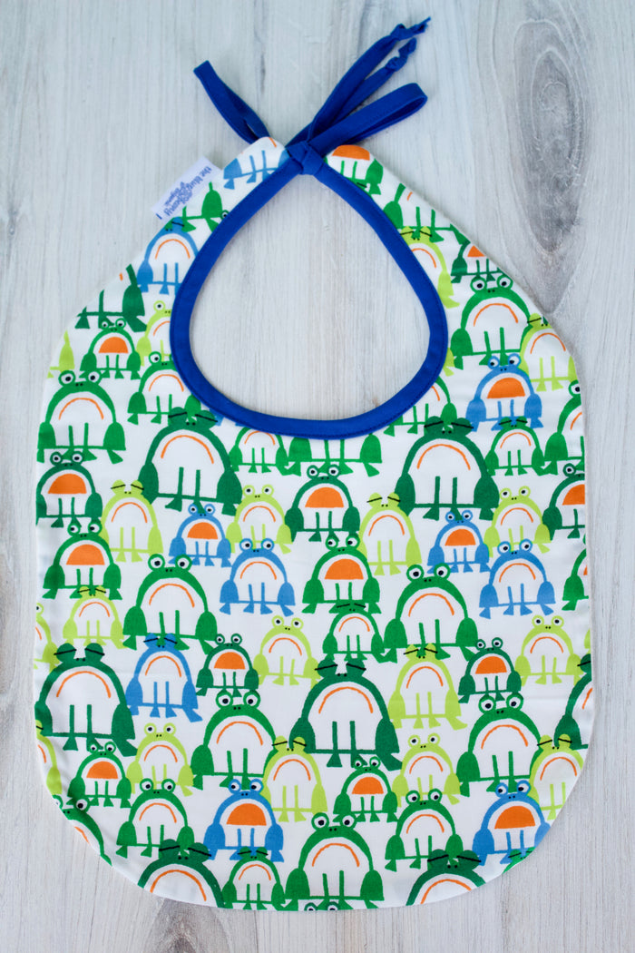 Bobby the Frog Bib-The Blue Peony-Animal_Frog,Category_Bib,Color_Blue,Color_Green,Department_Organic Baby,Material_Organic Cotton,Pattern_Ed Emberley's Animals,Theme_Animal