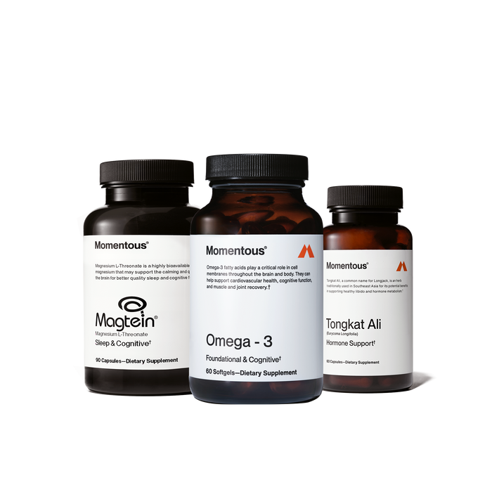 Three Momentous supplement bottles: Magnesium L-Threonate capsules, Omega-3 softgels, and Tongkat Ali capsules.