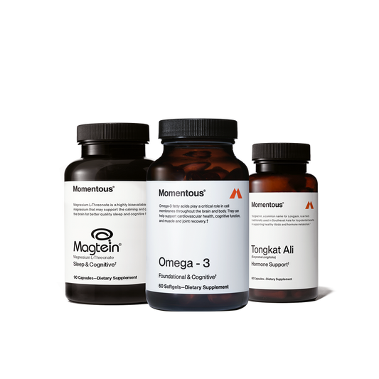 Three Momentous supplement bottles: Magnesium L-Threonate capsules, Omega-3 softgels, and Tongkat Ali capsules.