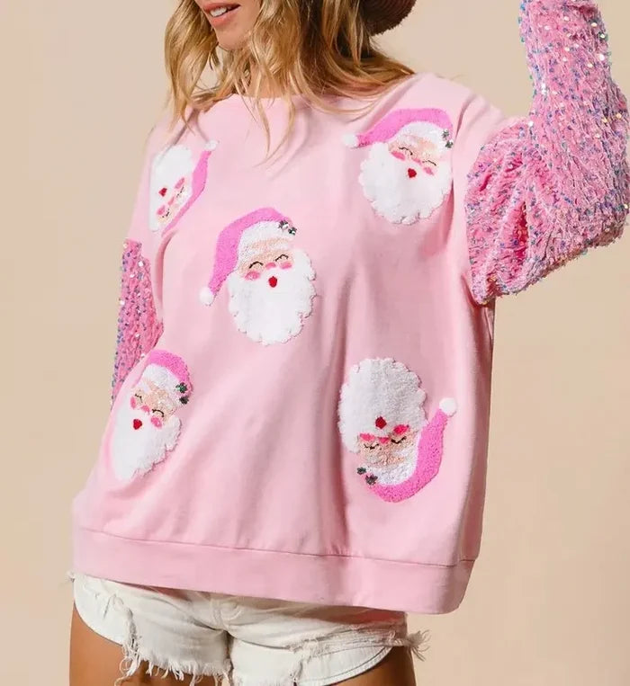 Brianna sparkly long sleeve Christmas pullover sweater in pink and light green
