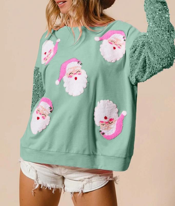 Brianna sparkly long sleeve Christmas pullover sweater in pink and light green