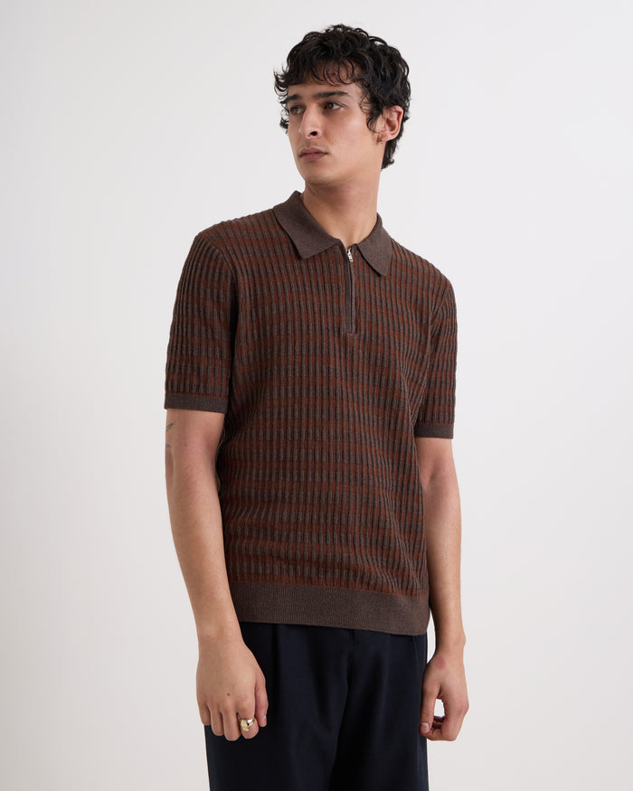 Brown Rib Check Bury SS Zip Polo