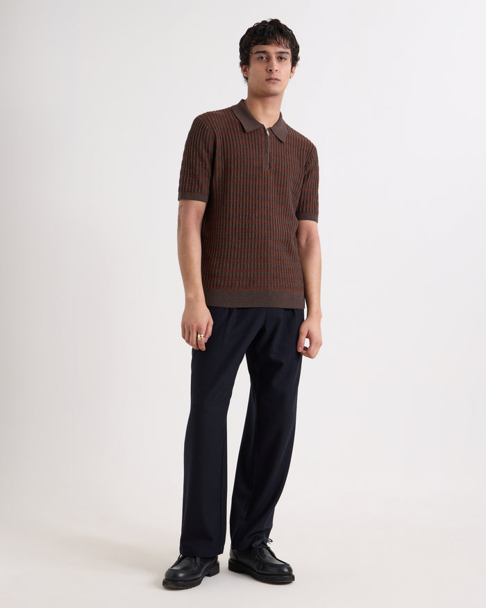 Brown Rib Check Bury SS Zip Polo
