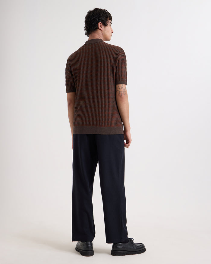 Brown Rib Check Bury SS Zip Polo