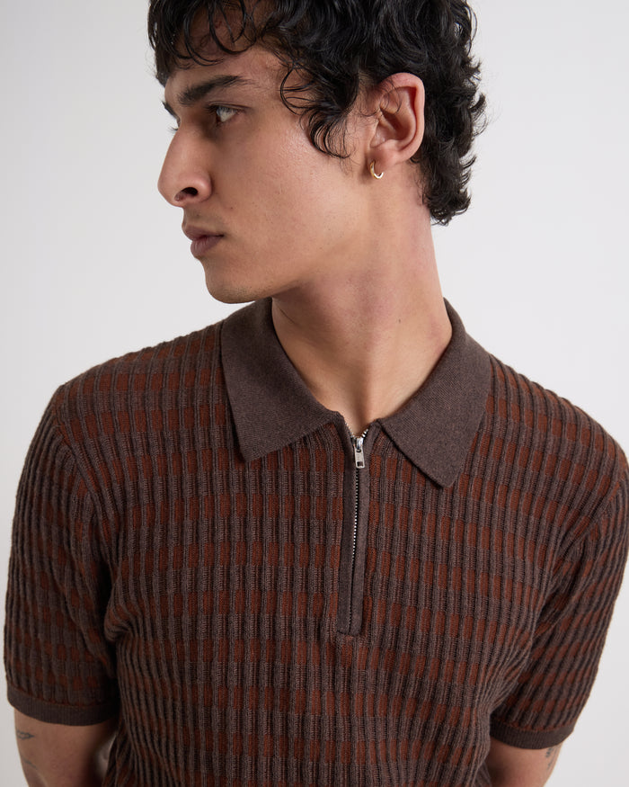 Brown Rib Check Bury SS Zip Polo