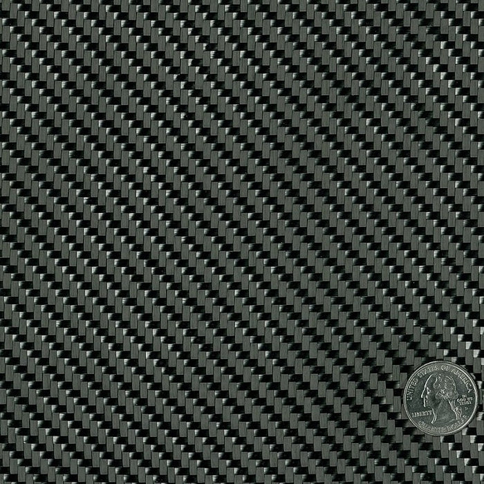 Square swatch of twill weave carbon fiber fabric with a quarter sitting in corner for size reference.