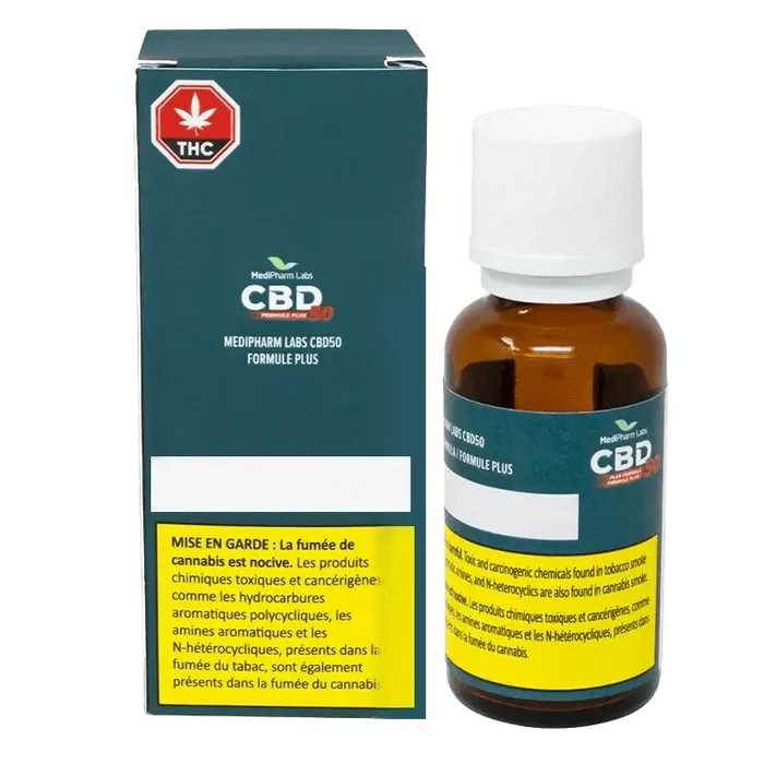 Front view of the CBD50 Plus Oil bottle with a white label and dark text, set against a black background.
