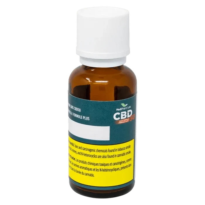 Close-up of the CBD50 Plus Oil bottle against a dark background, showing its label and minimalist design.