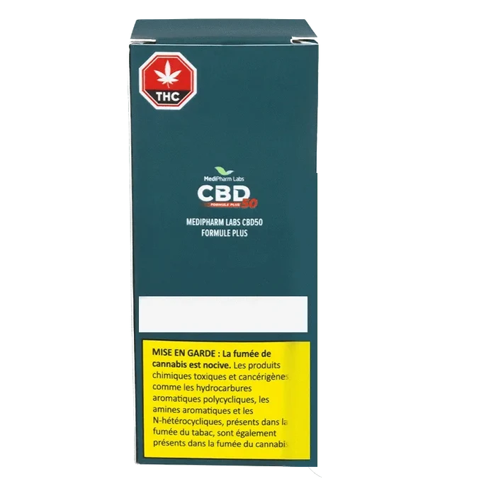 CBD50 Plus Oil is pictured in a close-up shot, displaying the product’s label against a dark background.