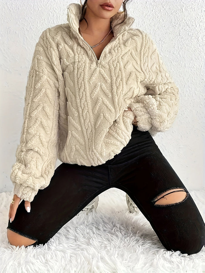 Clare warm cable-knit half-zip sweater for women in a soft neutral tone