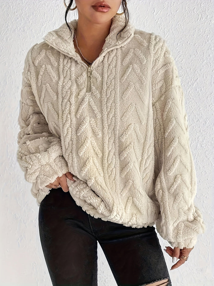 Clare warm cable-knit half-zip sweater for women in a soft neutral tone
