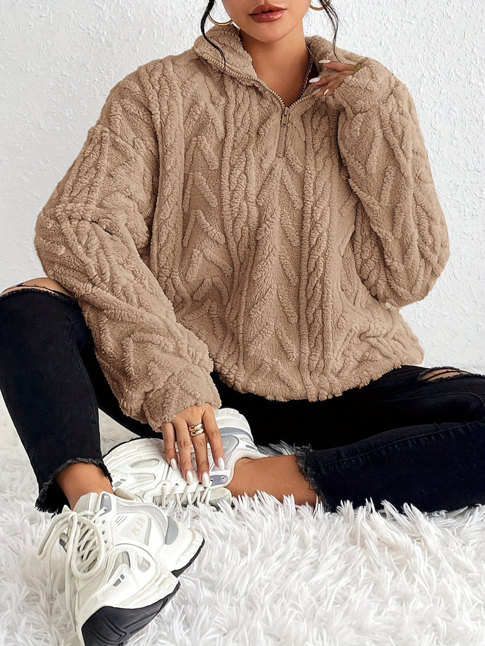 Clare warm cable-knit half-zip sweater for women in a soft neutral tone