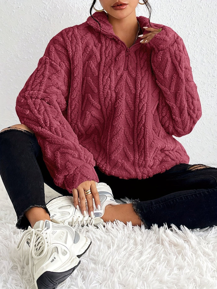 Clare warm cable-knit half-zip sweater for women in a soft neutral tone