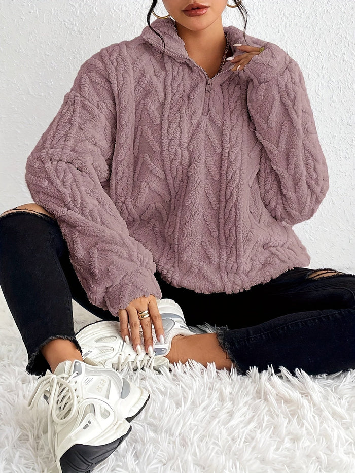 Clare warm cable-knit half-zip sweater for women in a soft neutral tone