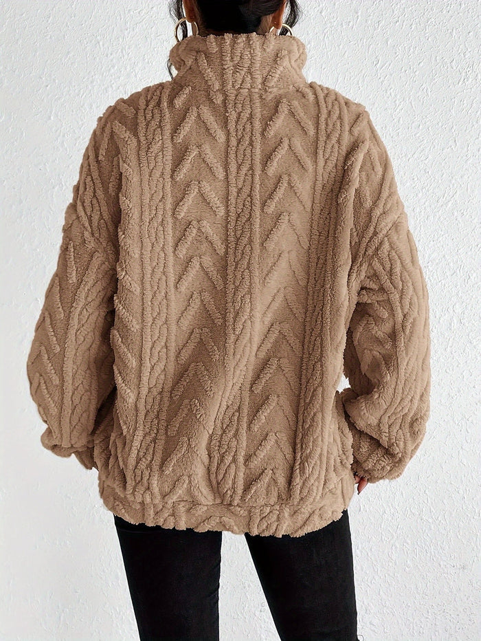 Clare warm cable-knit half-zip sweater for women in a soft neutral tone