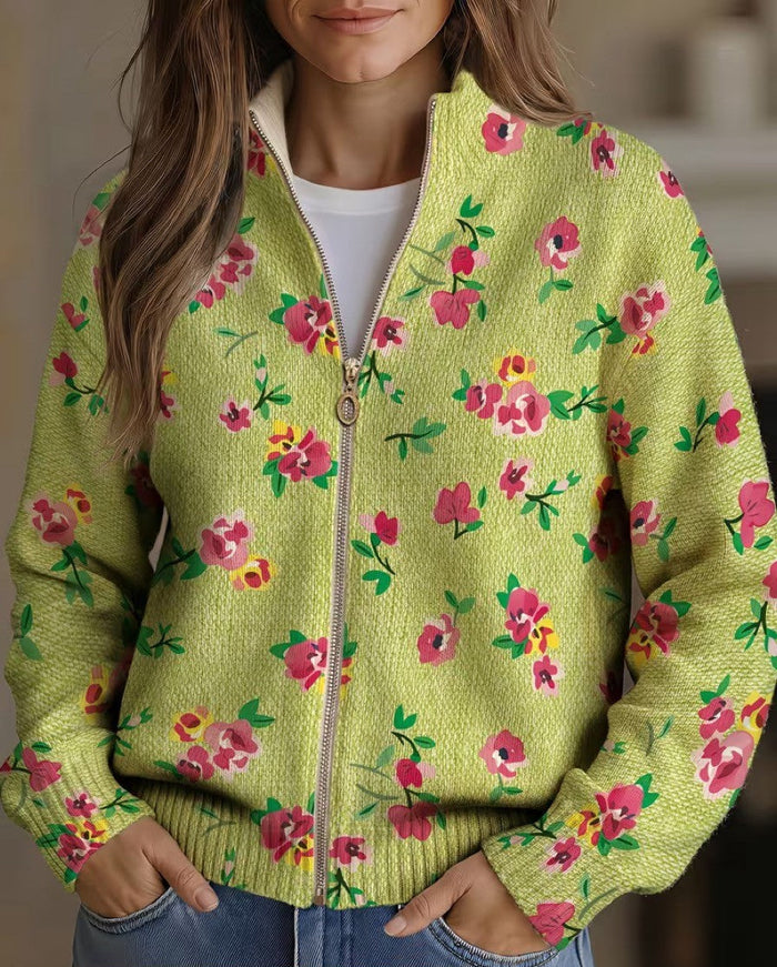 Lime green zip cardigan with pink and coral floral print, metal zipper and ribbed cuffs