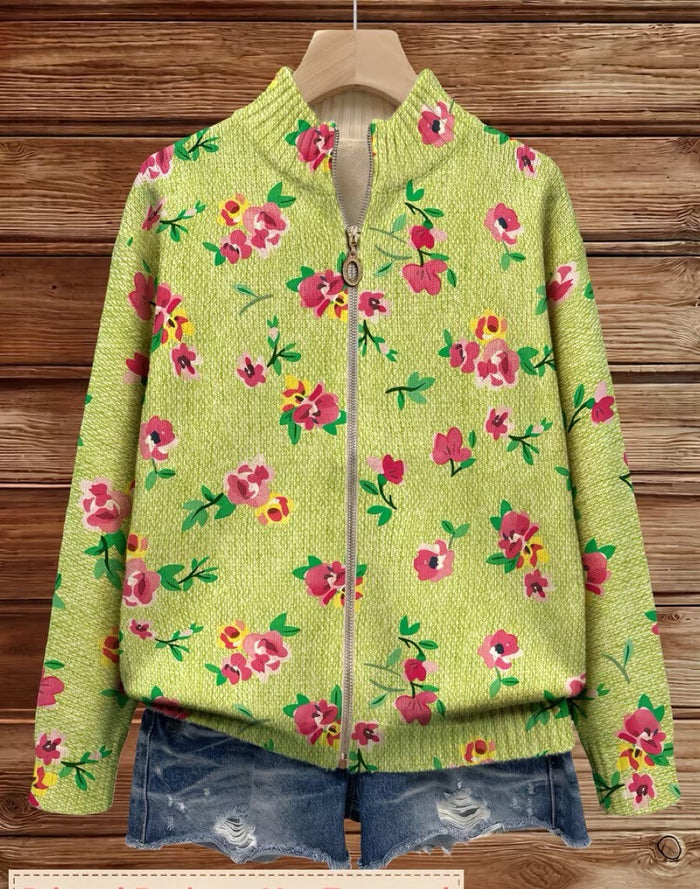 Lime green zip cardigan with pink and coral floral print, metal zipper and ribbed cuffs