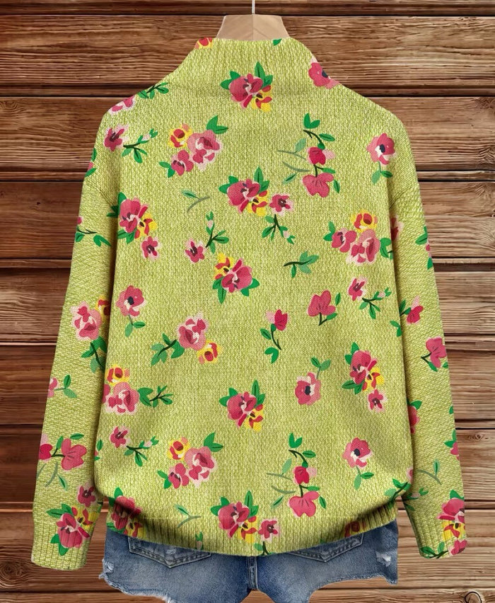 Lime green zip cardigan with pink and coral floral print, metal zipper and ribbed cuffs