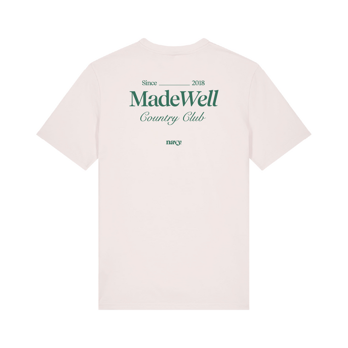 White t-shirt with 'MadeWell Country Club' text on a white background