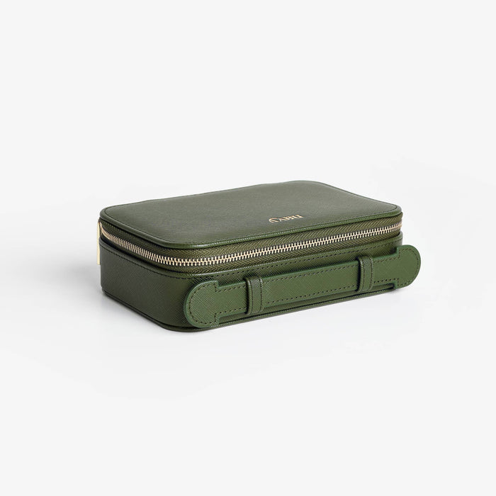 Green travel case with a zipper on a white background